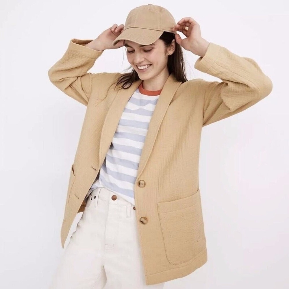 Madewell Lightspun Dorset Blazer Size Large Summer Dune Tan Cotton Gauze Button
